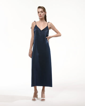 Dark blue silk slip sleeveless midi dress