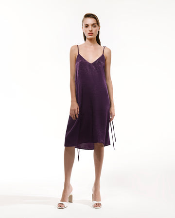 Purple sleeveless mini silk slip dress