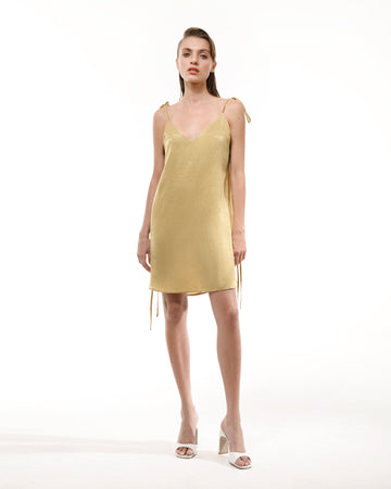 Champagne sleeveless mini silk slip dress