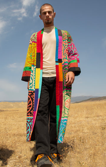 Unisex quilt coat, the layered, random-style completely handmade patchwork with the big stitch style quilting.