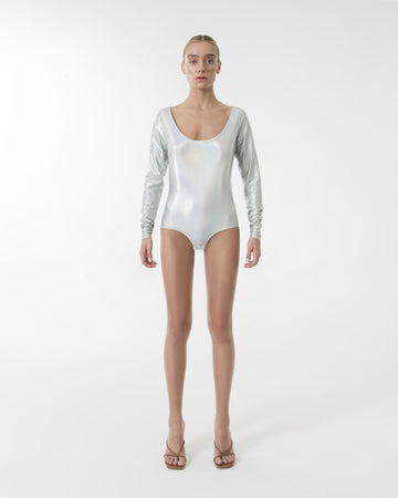 White metallic leotard bodysuit
