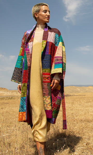 Unisex quilt coat, the layered, random-style completely handmade patchwork with the big stitch style quilting.
