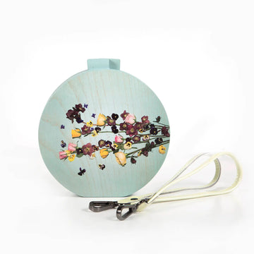 Round mint floral wooden clutch