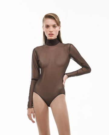 Brown tulle sheer turtleneck