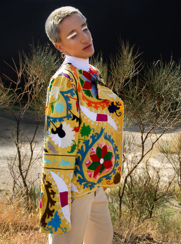 Yellow embroidered suzani afghan coat