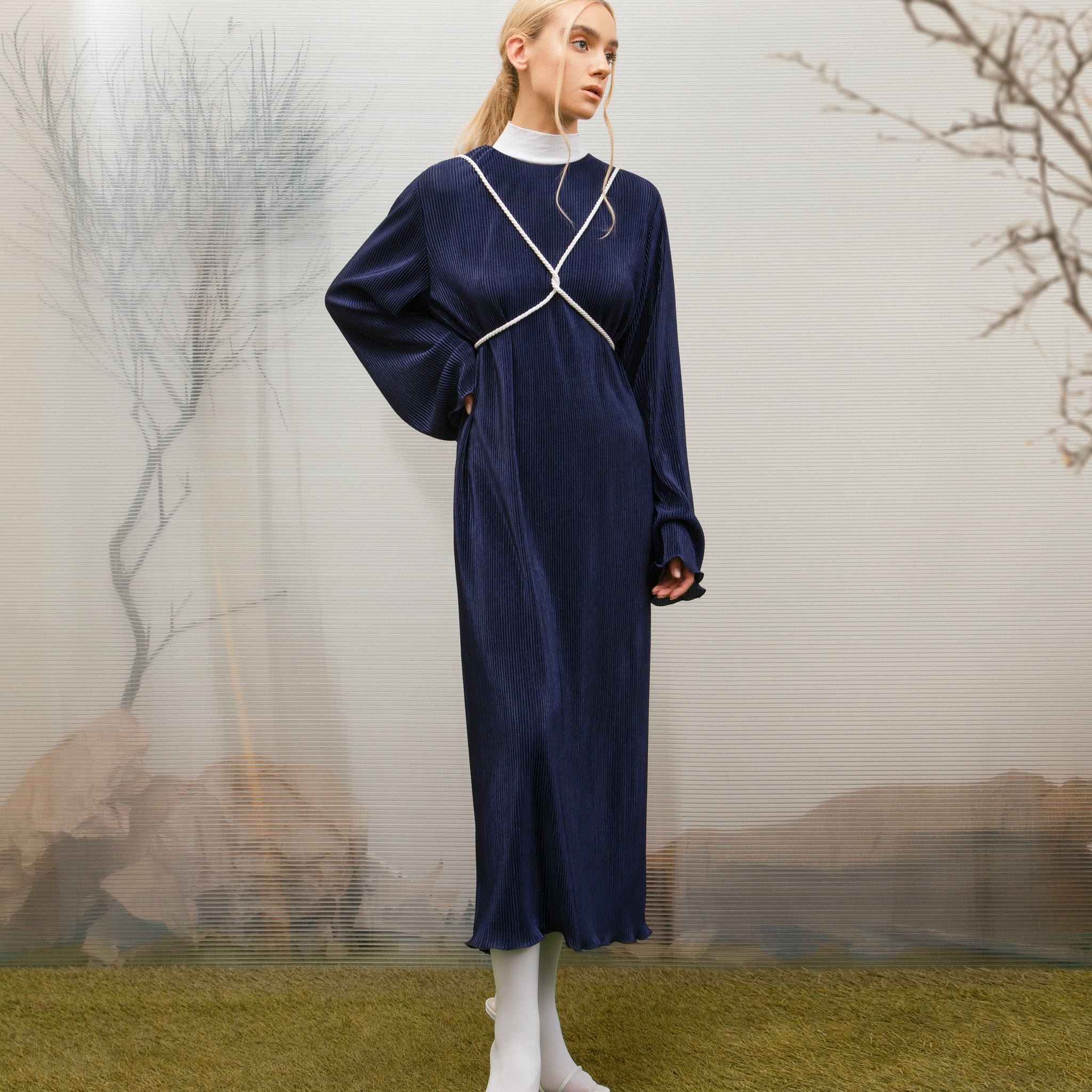 Blue Pleated Relaxed Fit Dress Blue Pleated Relaxed Fit Dress