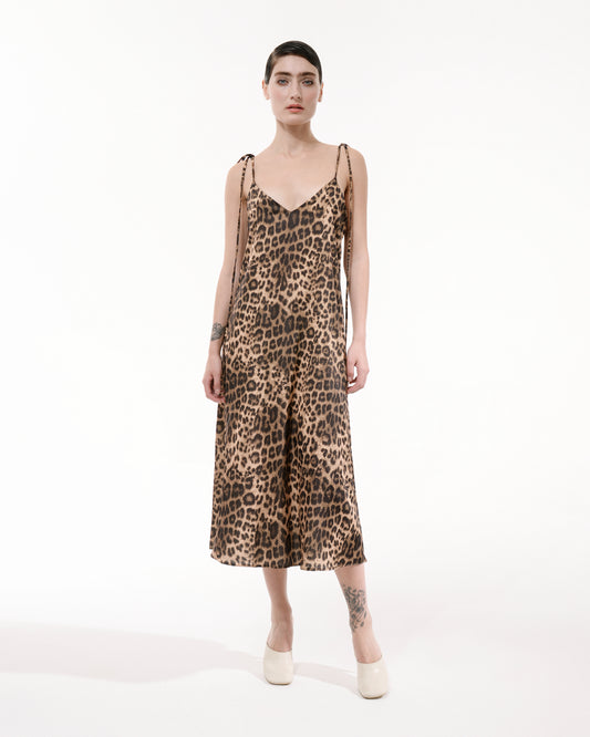 Leopard print silk slip sleeveless midi dress