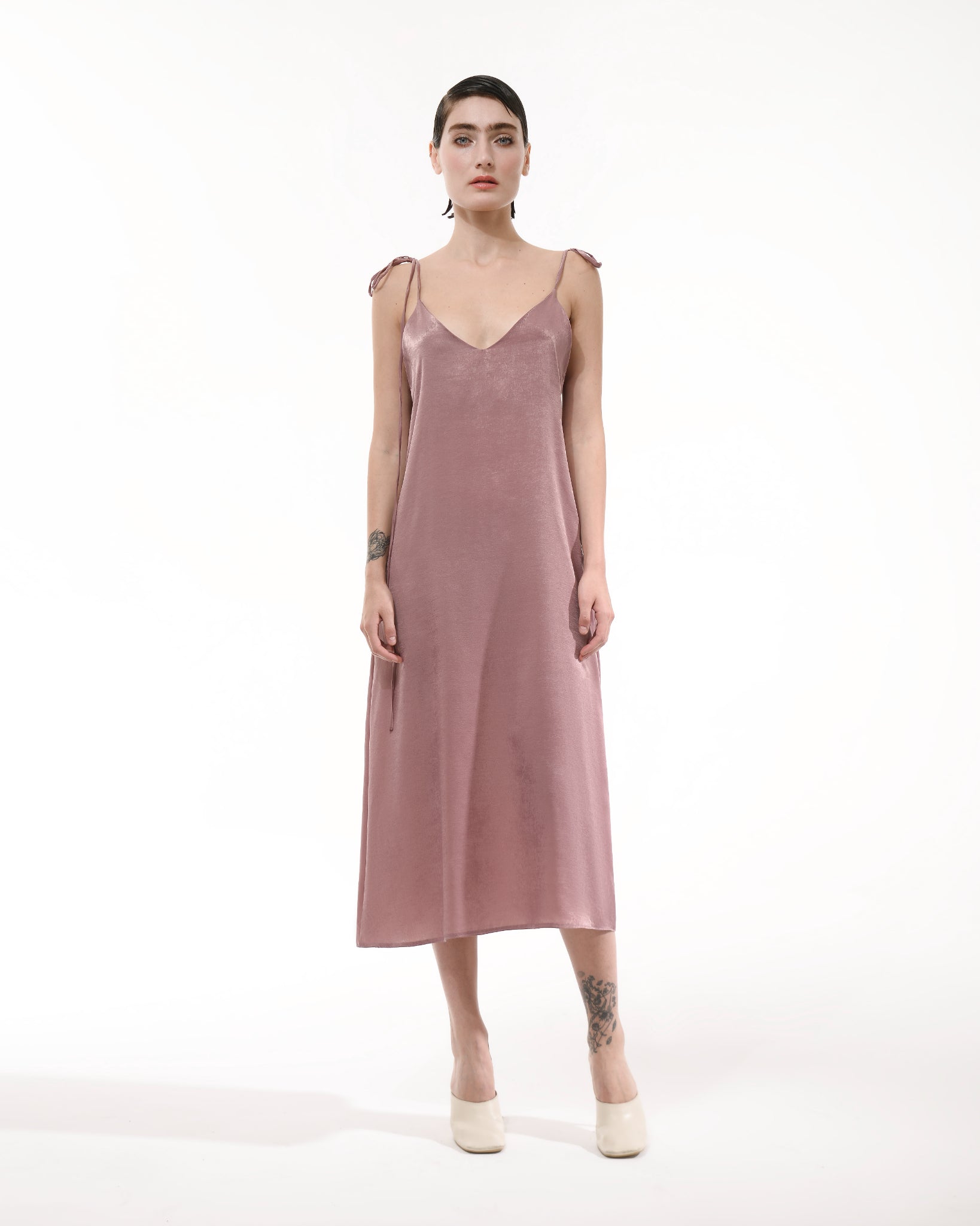 Dusty pink silk slip sleeveless midi dress