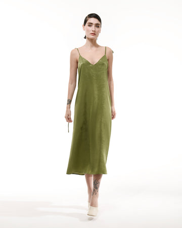 Olive green silk slip sleeveless midi dress