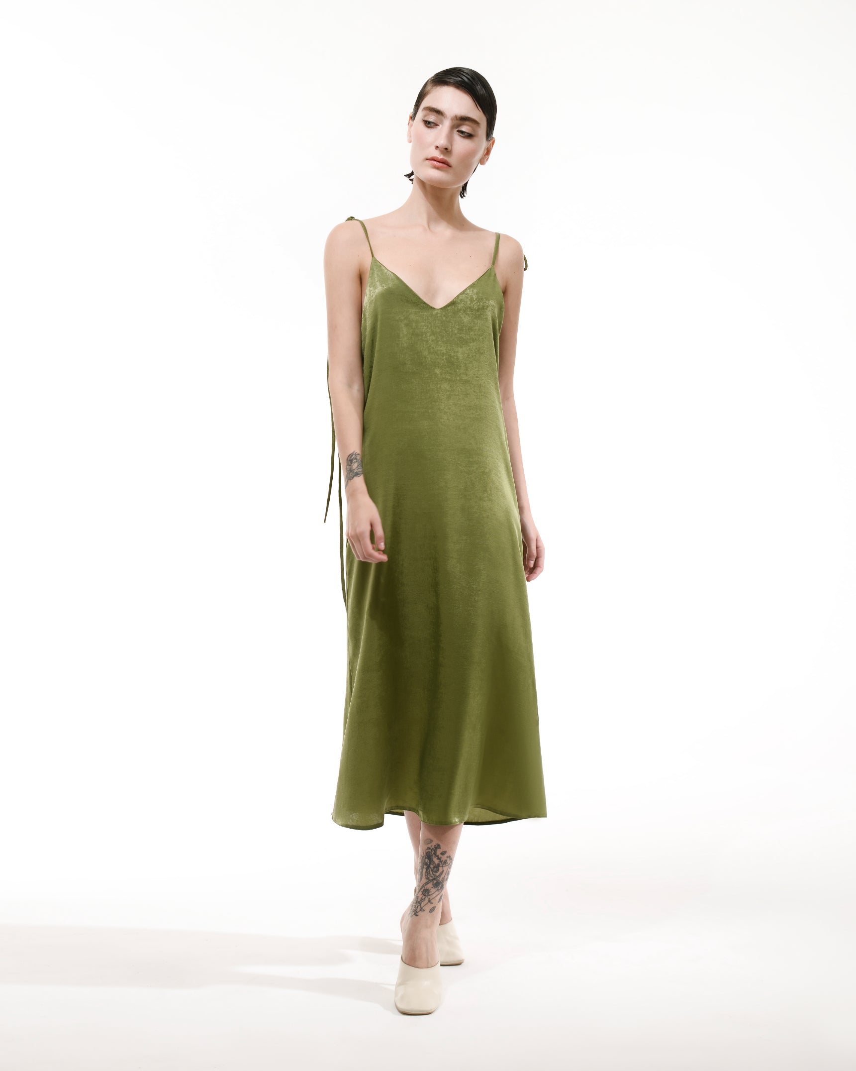 Olive green silk slip sleeveless midi dress Olive green silk slip sleeveless midi dress