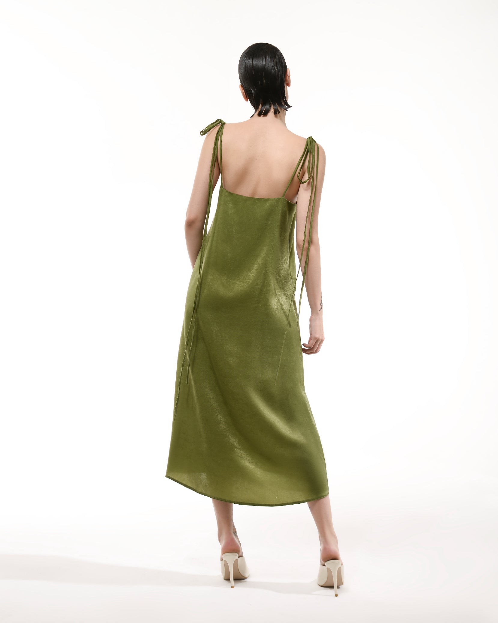 Olive green silk slip sleeveless midi dress Olive green silk slip sleeveless midi dress