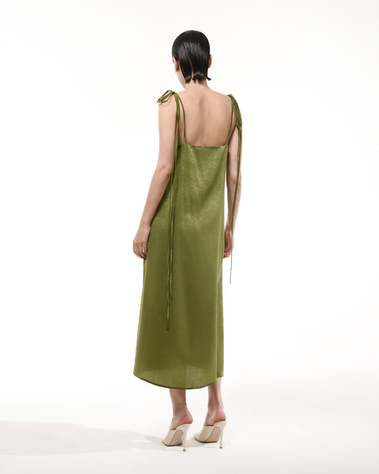 Olive green silk slip sleeveless midi dress