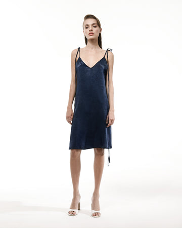 Dark blue sleeveless mini silk slip dress