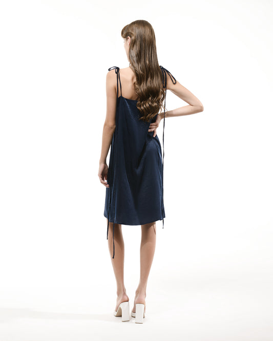 Dark blue sleeveless mini silk slip dress