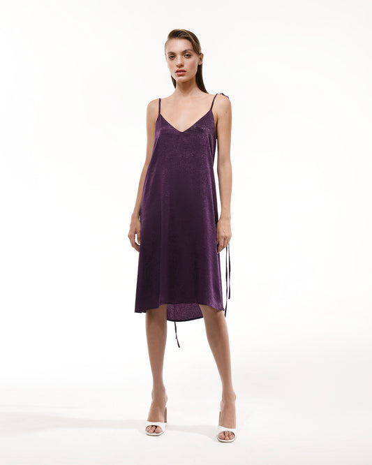 Purple sleeveless mini silk slip dress