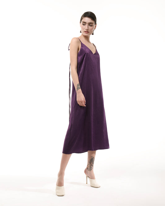 Purple silk slip sleeveless midi dress