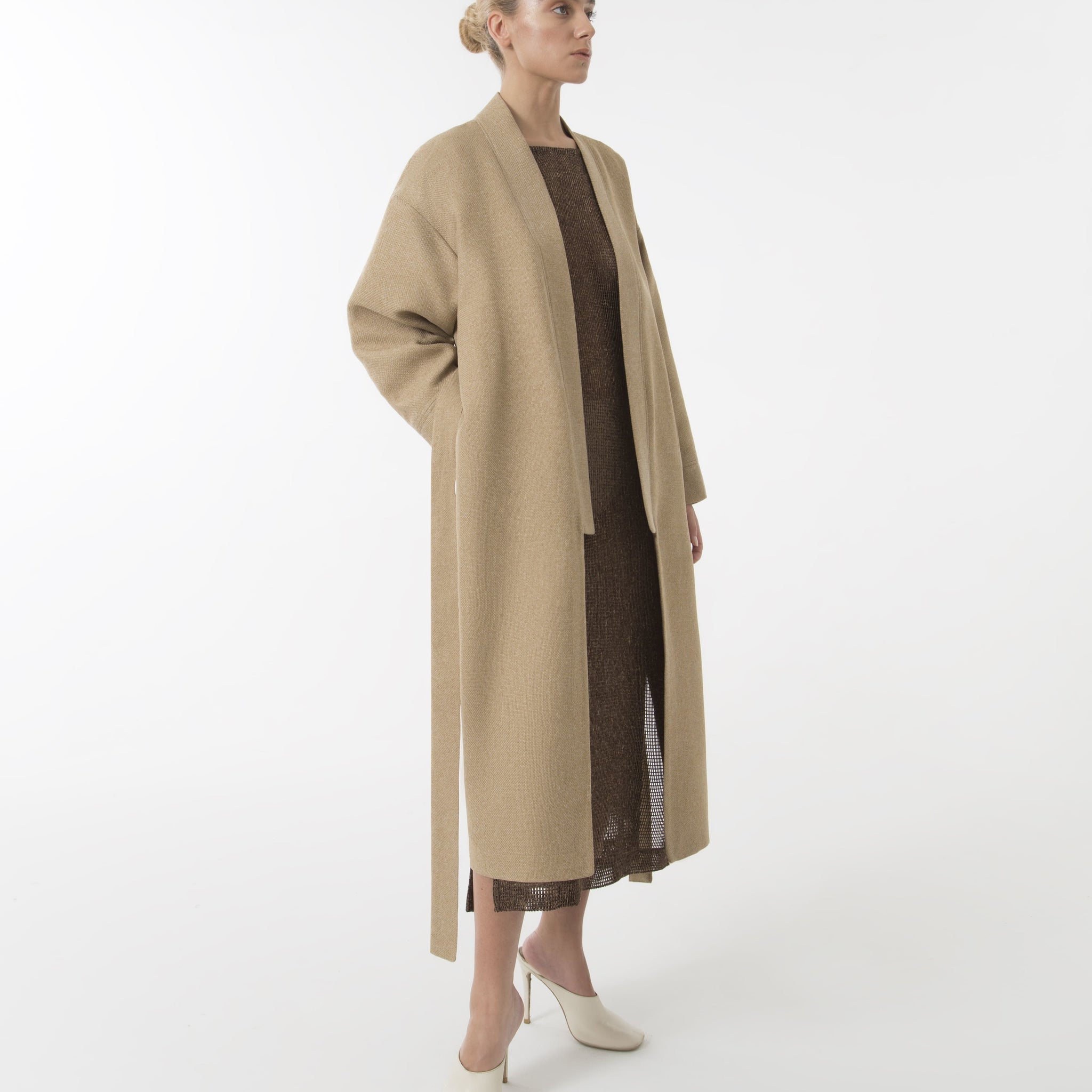 Beige tweed linen coat for Fall - Spring season