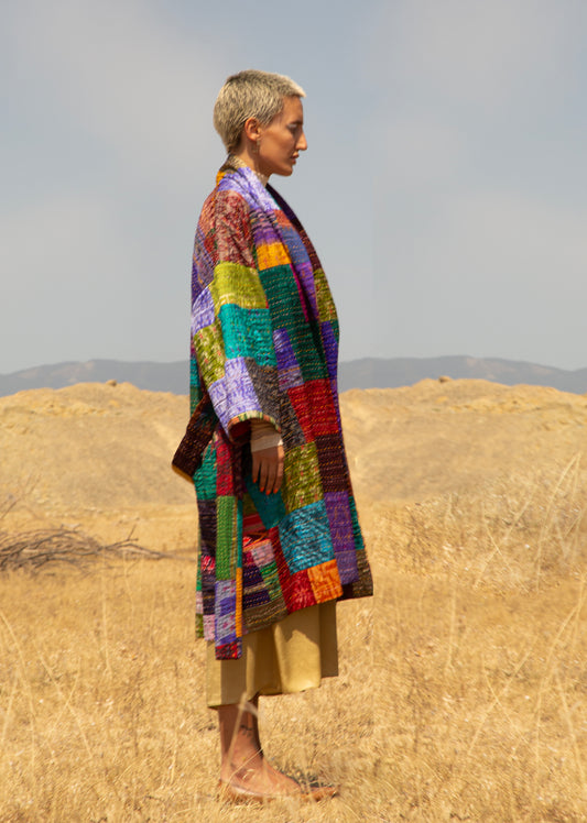 Unisex quilt coat, the layered, random-style completely handmade patchwork with the big stitch style quilting.
