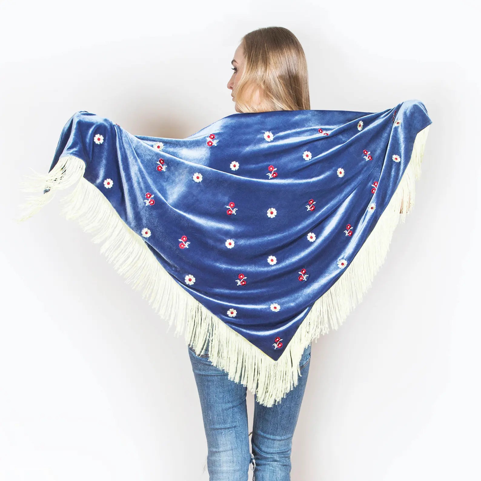 Blue triangular velvet shawl