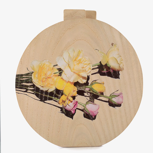 Round floral wooden clutch
