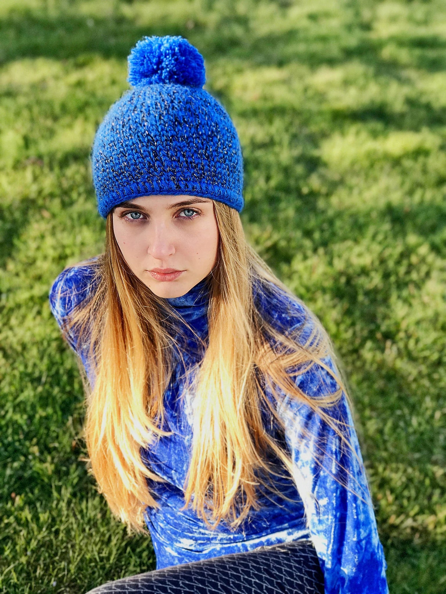 Blue woolen pompon hat