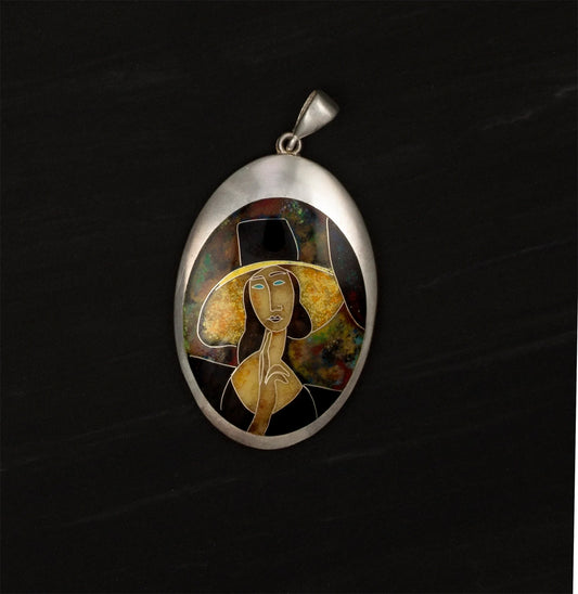 Pendent with enamel painting of Jeanne Hebuterne by Amedeo Modigliani