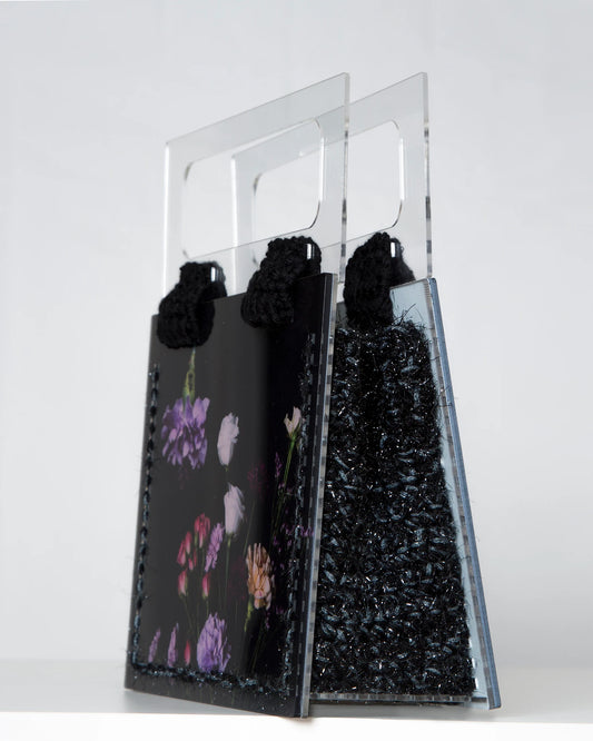 Black floral acrylic crochet fashionista handbag