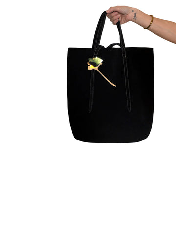 Black suede leather tote bag