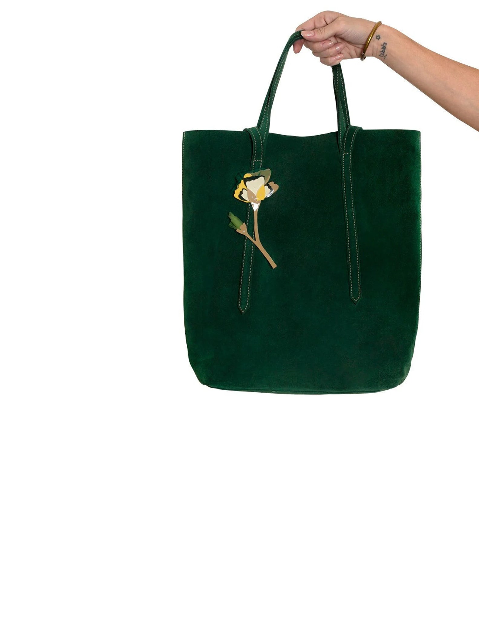 Forest green suede leather tote bag